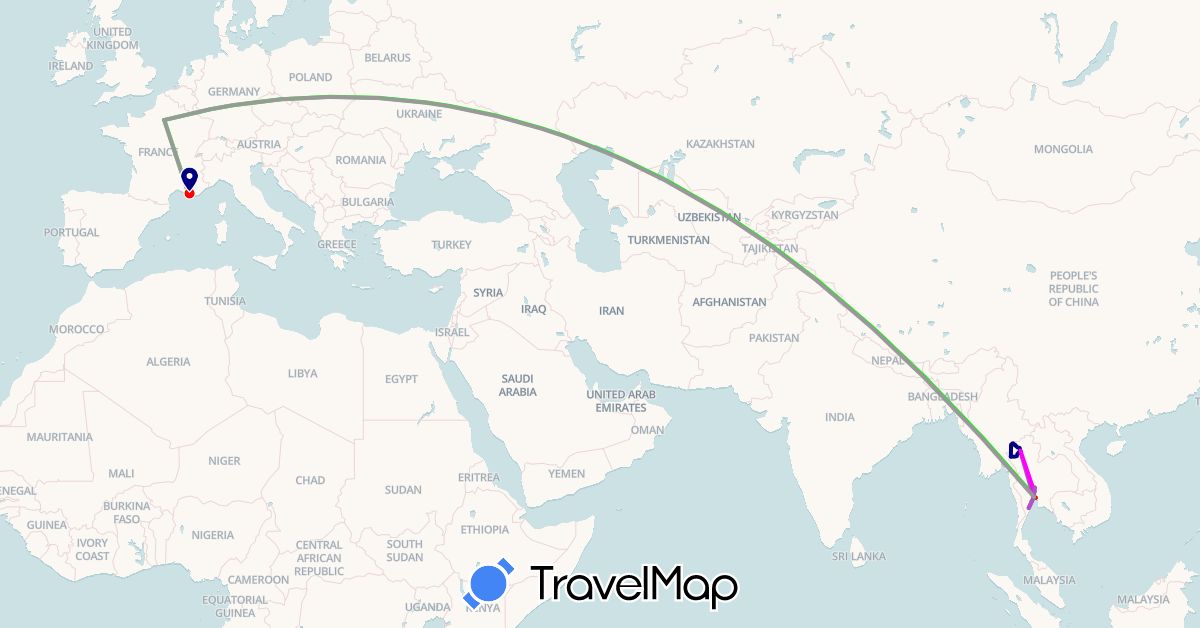 TravelMap itinerary: driving, plane, train, voiture, avion, train in France, Thailand (Asia, Europe)